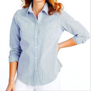 LL Bean Women Blue & White Striped Cotton Classic Collar Button Down Shi…